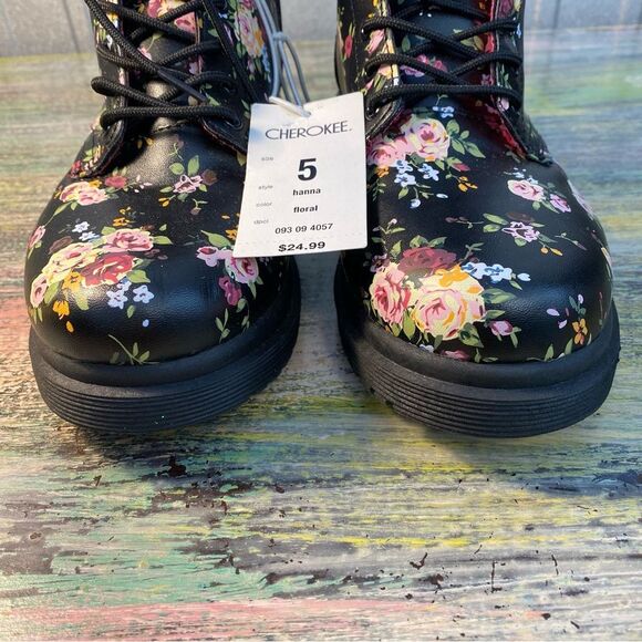 Cherokee Black and Pink Combat Boots with Floral Design - Picture 3 of 7